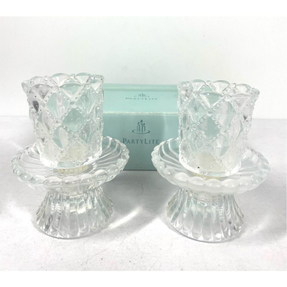 Vintage Partylite Quilted Crystal Pair Votive Candle Holders Set of 2 NIB